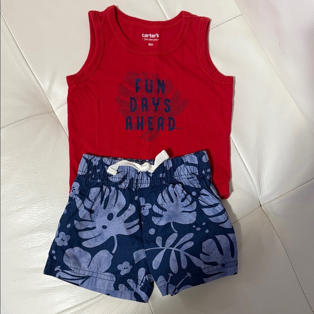 Carter's Red Tank and Navy Leaf Shorts Set